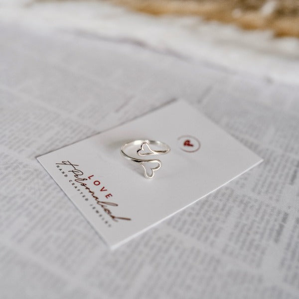 Double Heart Adjustable Ring - Sterling Silver - Love It Personalized