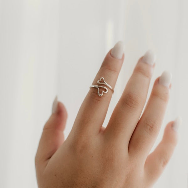 Double Heart Adjustable Ring - Sterling Silver - Love It Personalized