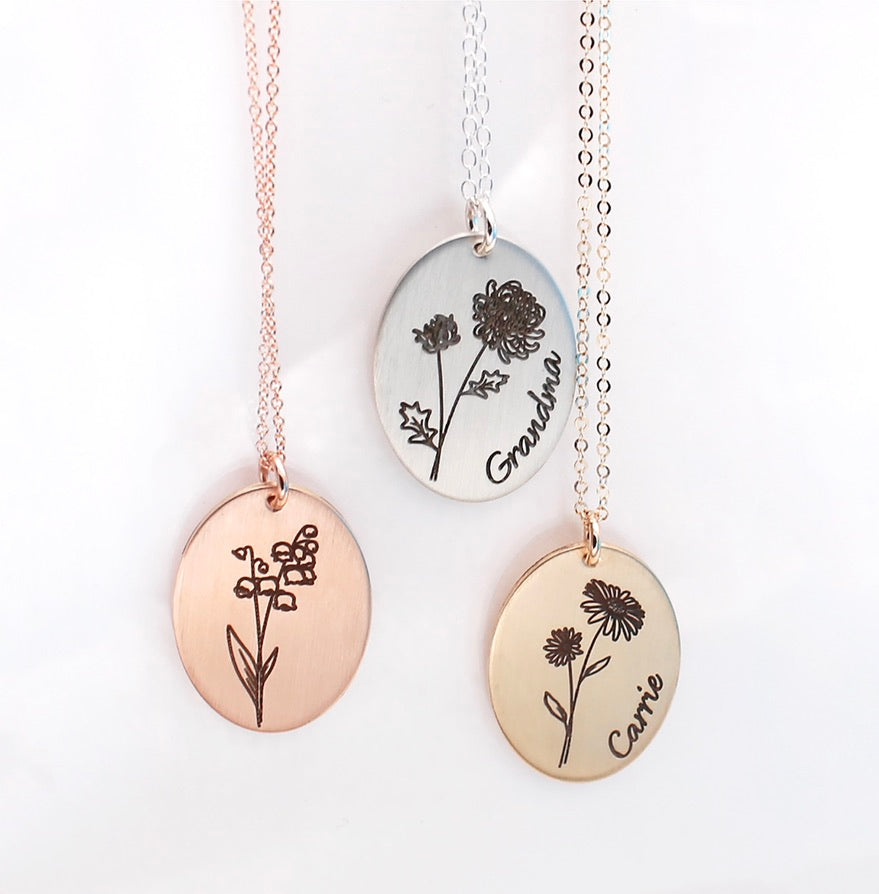 Oval Birth Flower Necklace - Silver - Love It Personalized