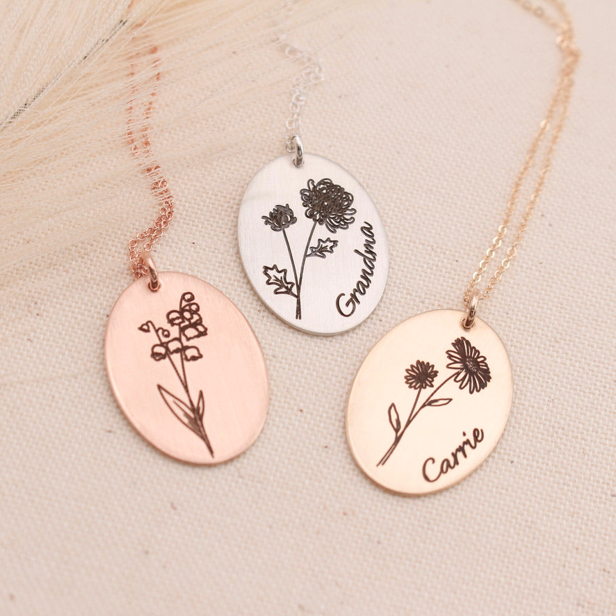 Oval Birth Flower Necklace - Silver - Love It Personalized