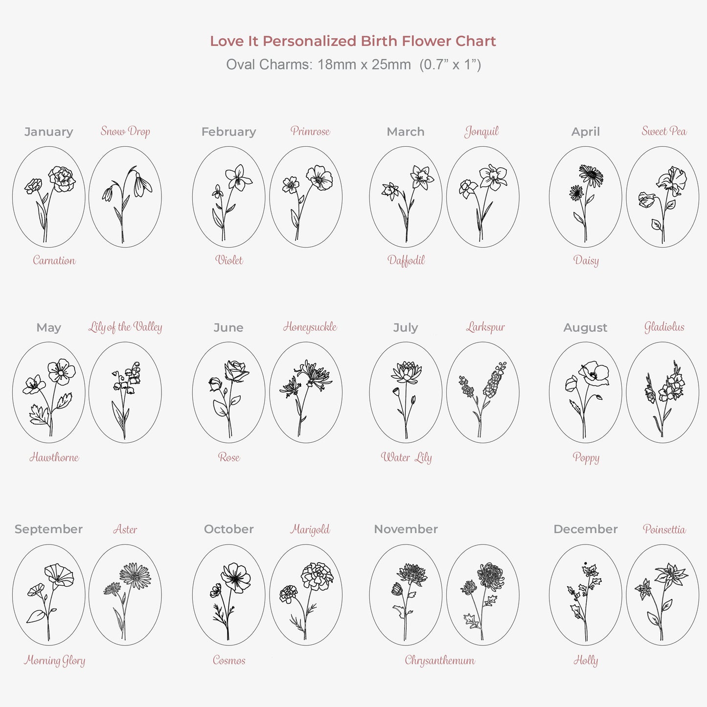 Oval Birth Flower Necklace - Silver - Love It Personalized