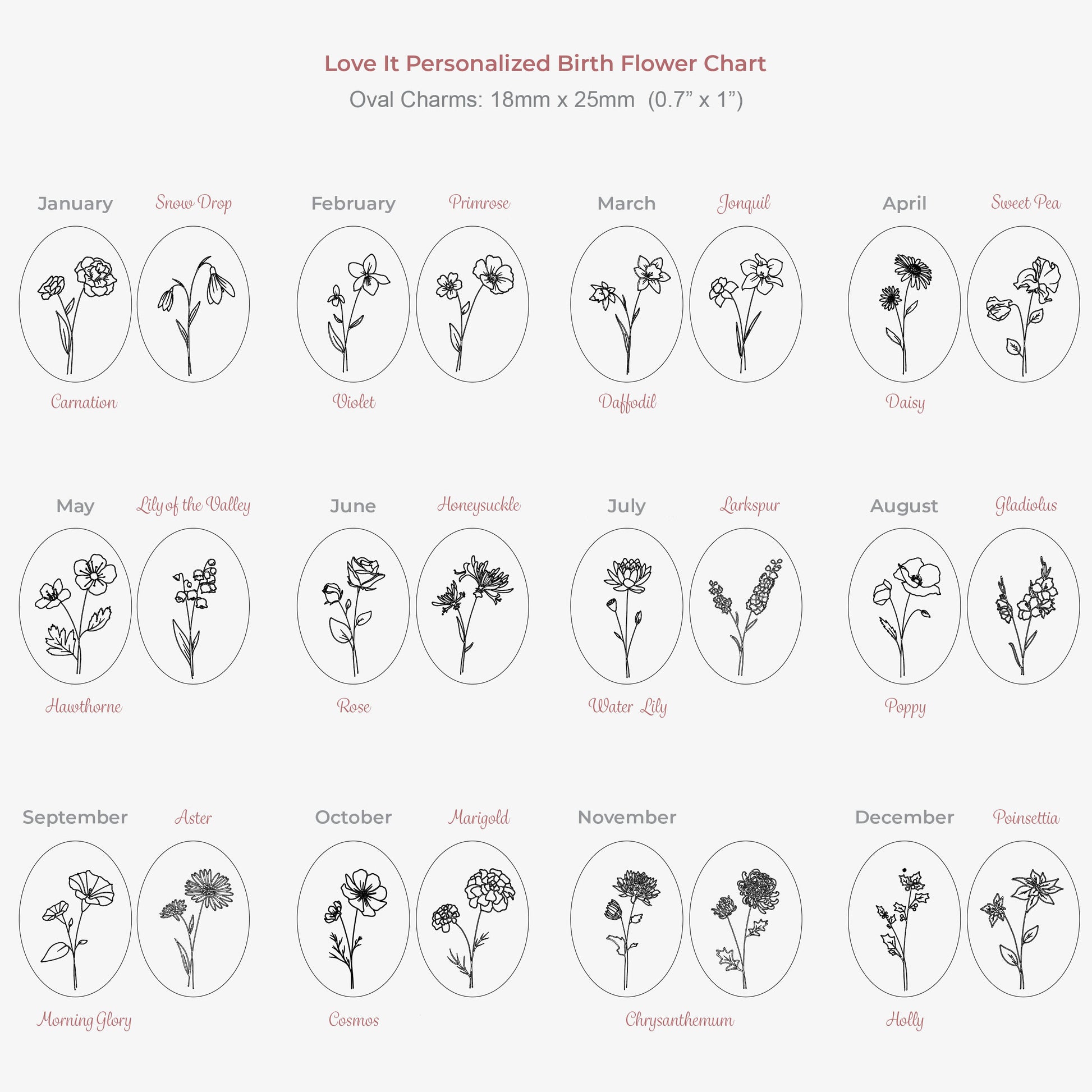 Oval Birth Flower Necklace - Silver - Love It Personalized