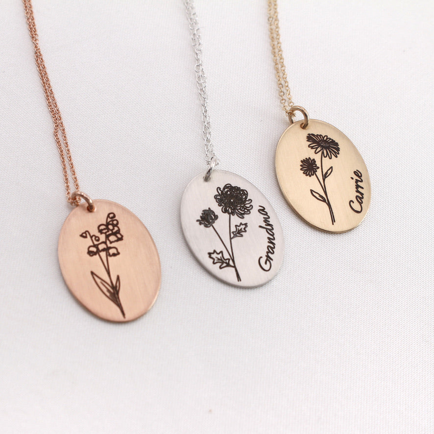 Oval Birth Flower Necklace - Silver - Love It Personalized