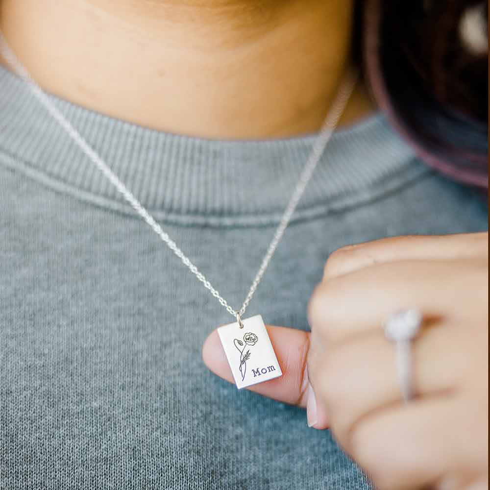 Birth Flower Necklace - Small Rectangle - Love It Personalized