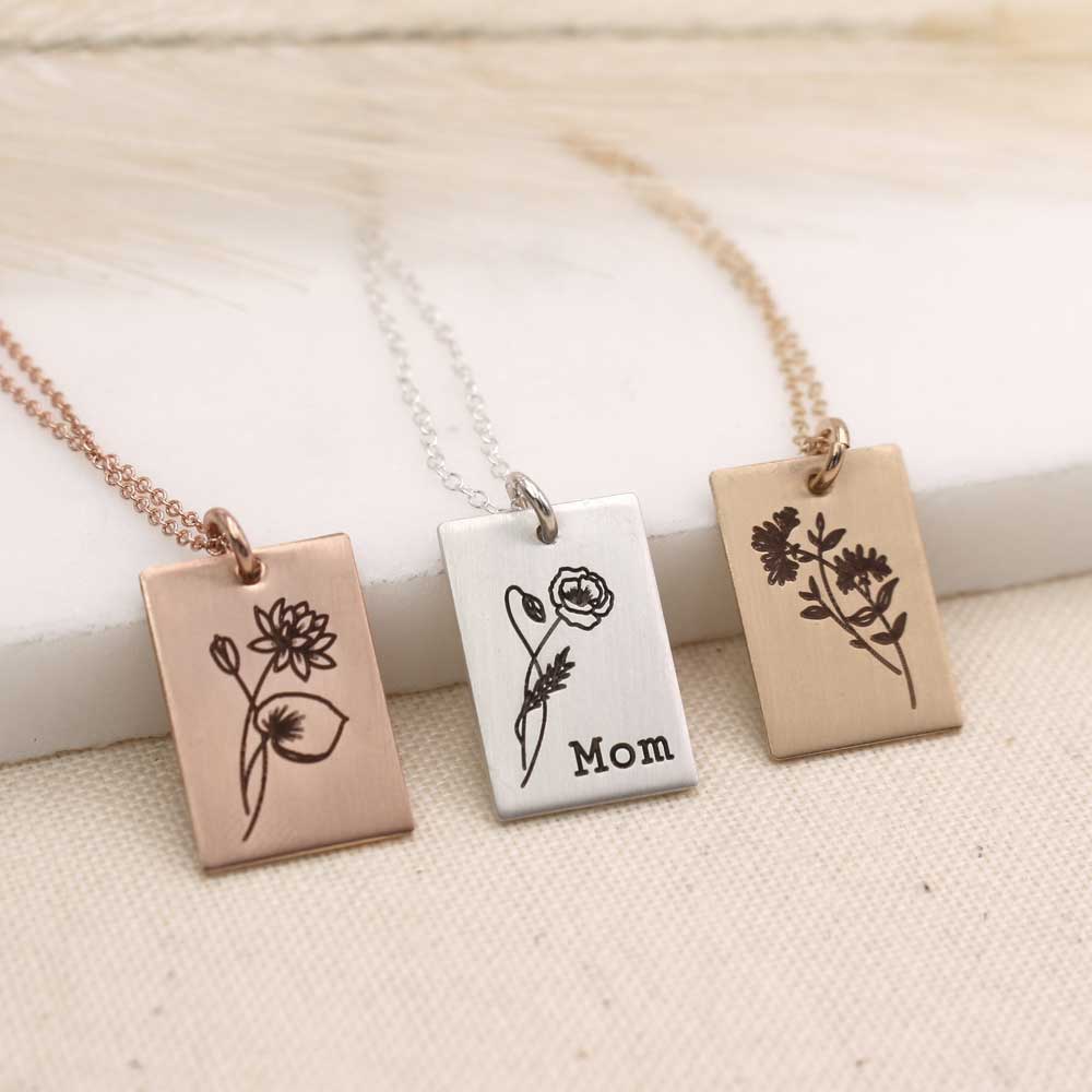Birth Flower Necklace - Small Rectangle - Love It Personalized
