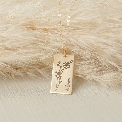Birth Flower Necklace - Rectangle - Love It Personalized