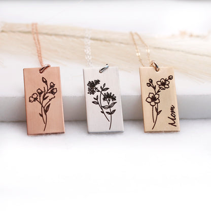 Birth Flower Necklace - Rectangle - Love It Personalized