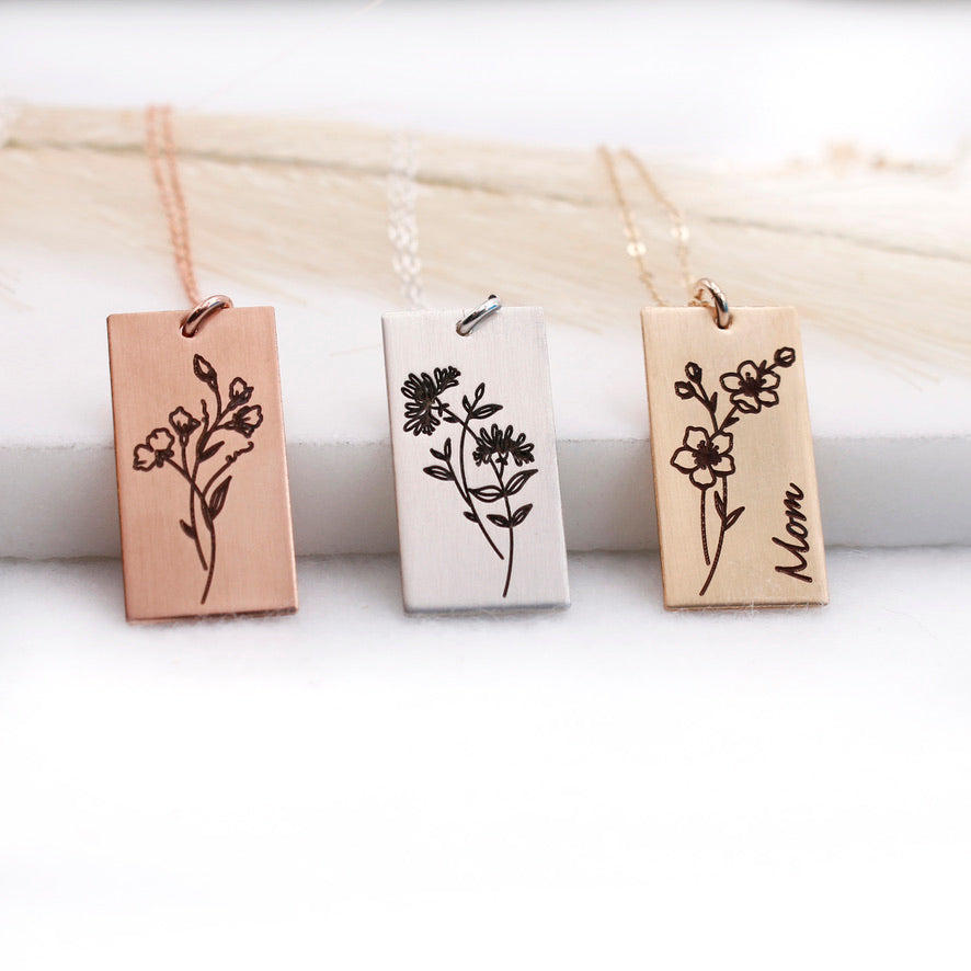 Birth Flower Necklace - Rectangle - Love It Personalized