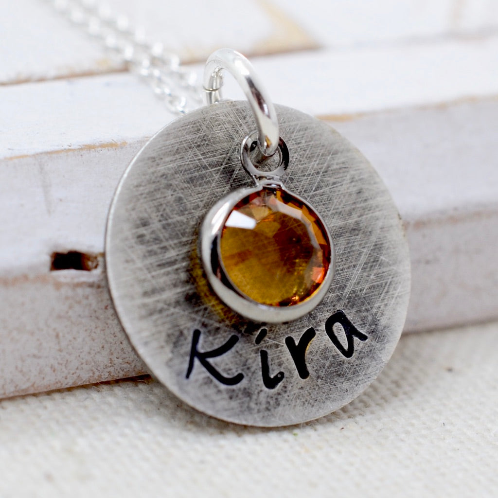 Rustic Name Necklace with Birthstone - 5/8" - Love It Personalized