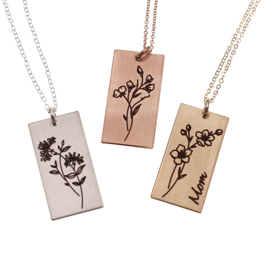 Birth Flower Necklace - Rectangle - Love It Personalized