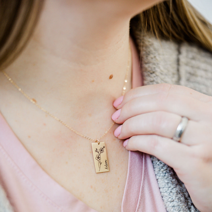 Birth Flower Necklace - Rectangle - Love It Personalized