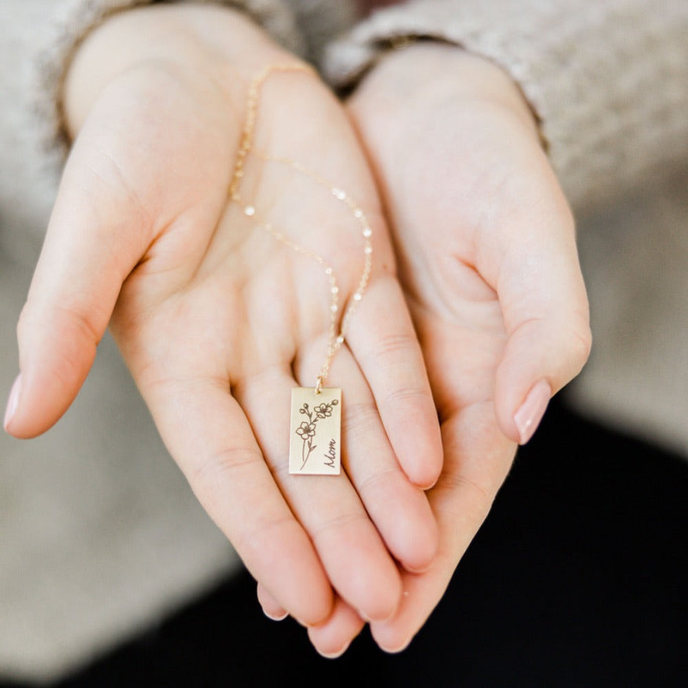 Birth Flower Necklace - Rectangle - Love It Personalized