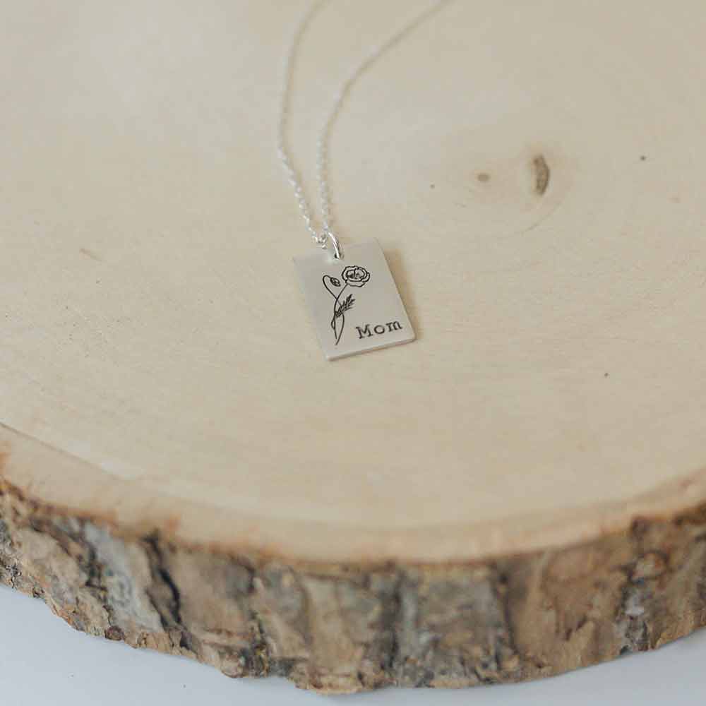 Birth Flower Necklace - Small Rectangle - Love It Personalized