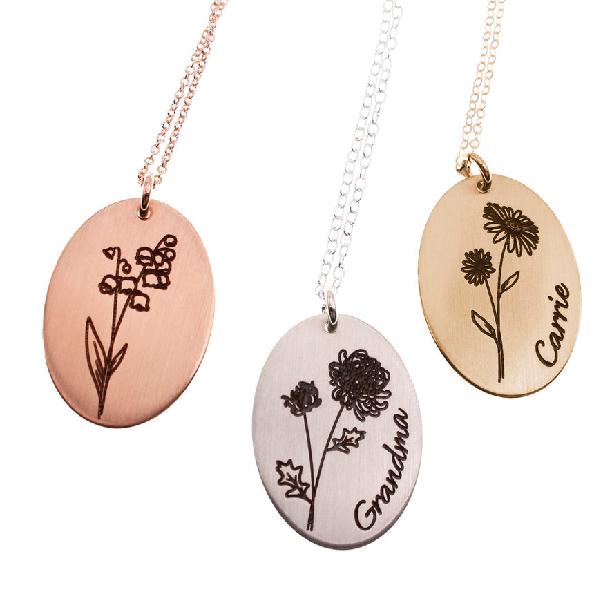 Oval Birth Flower Necklace - Silver - Love It Personalized