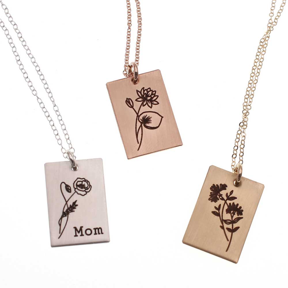 Birth Flower Necklace - Small Rectangle - Love It Personalized