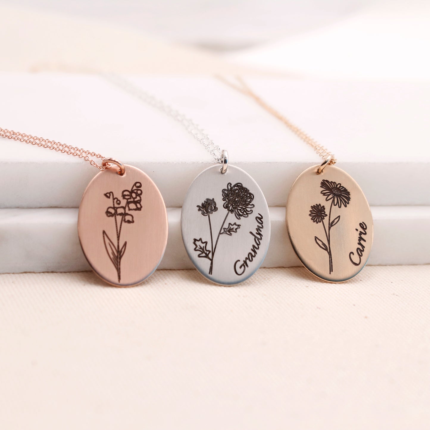 Oval Birth Flower Necklace - Rose Gold - Love It Personalized