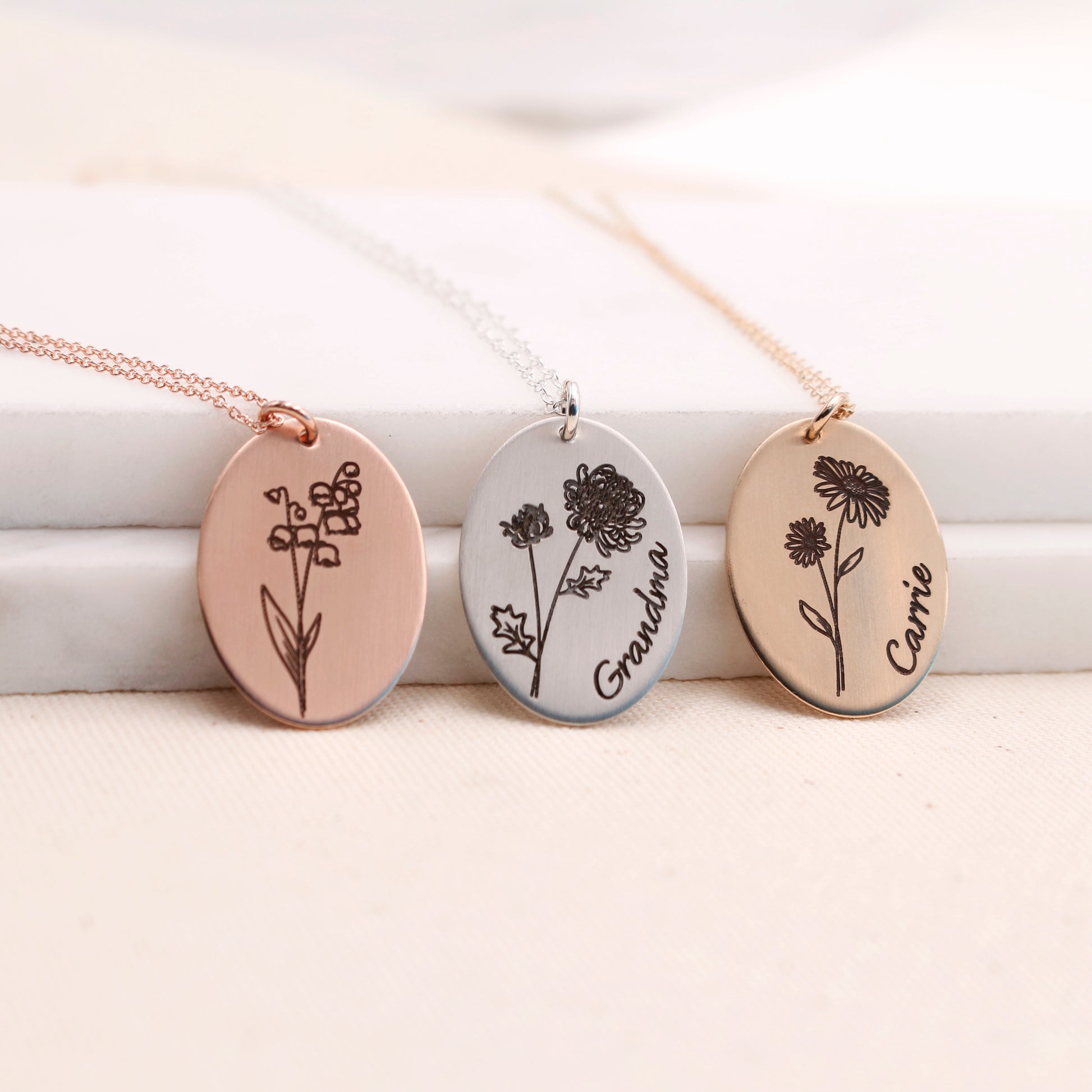 Oval Birth Flower Necklace - Rose Gold - Love It Personalized